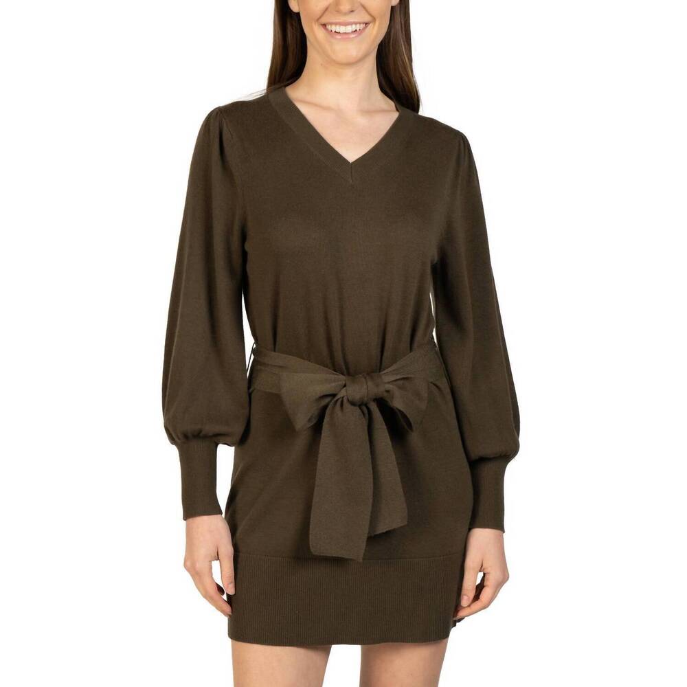 NEW LOVE TOKEN short knit mini sweater dress with tie in olive